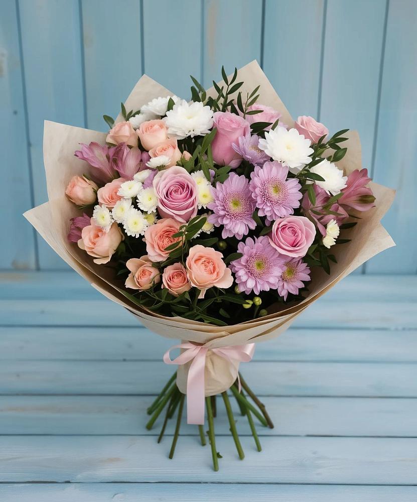 Букет цветов из: Хризантемы, Розы и Альстромерии в Дубне