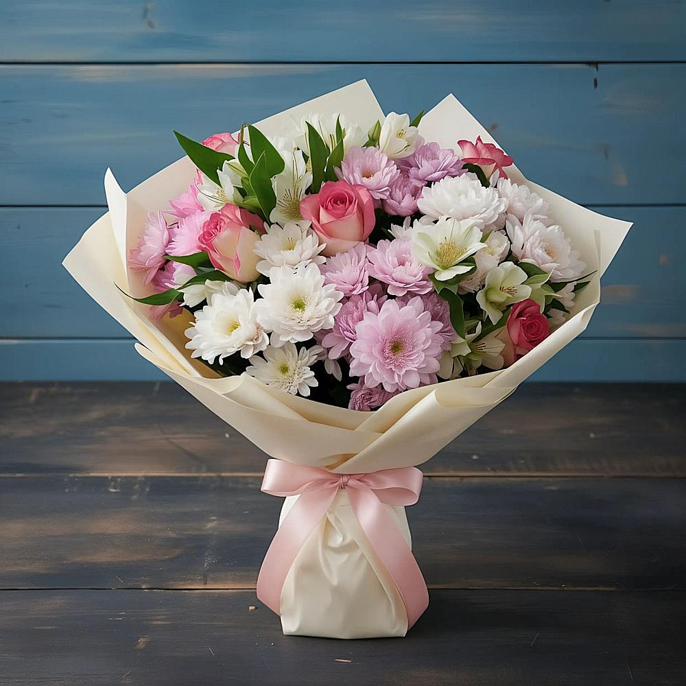 Букет цветов из: Хризантемы, Альстромерии и Розы в Дубне